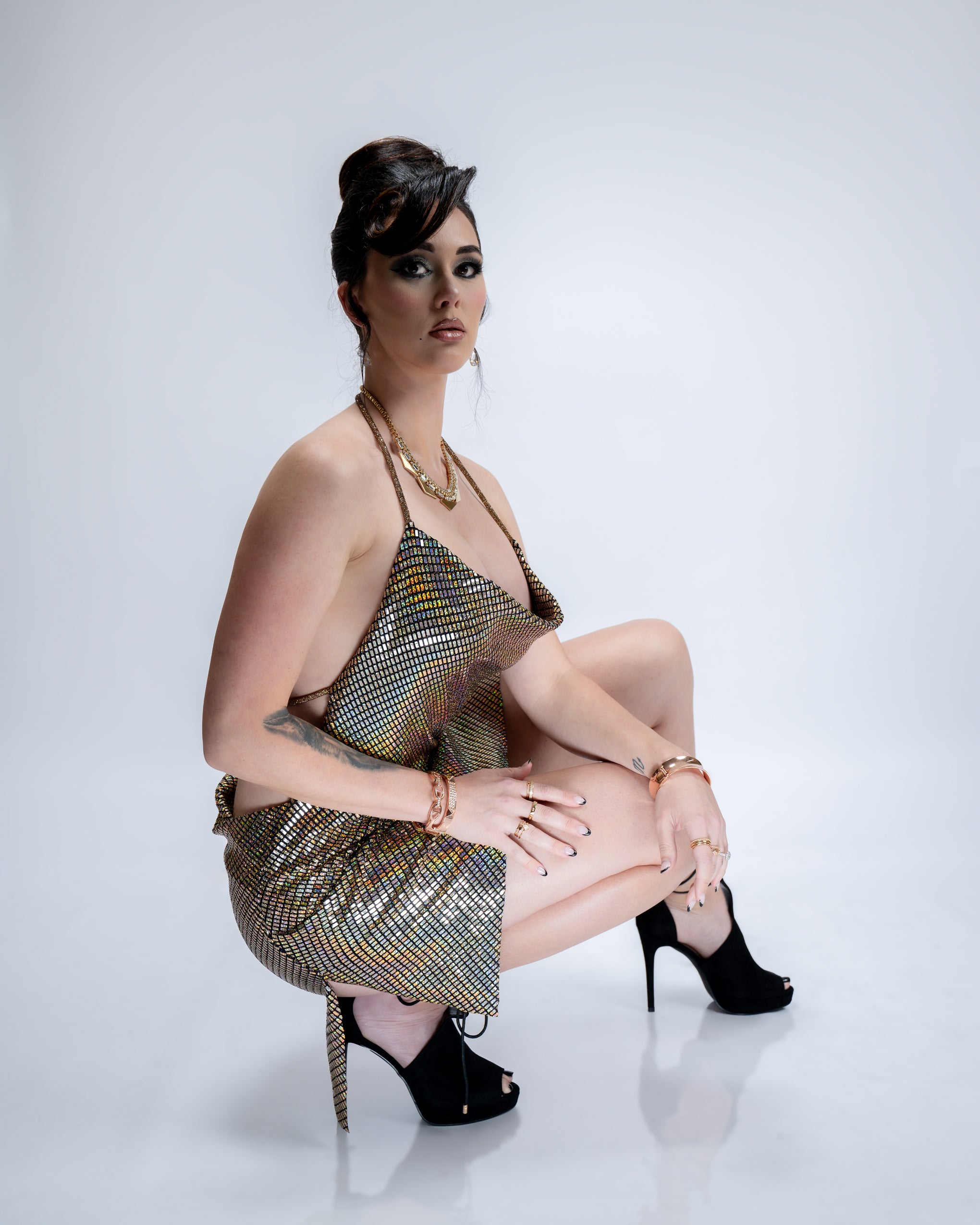 Stella Mini Dress – Gold Holographic | Cowl Neck Backless Dress