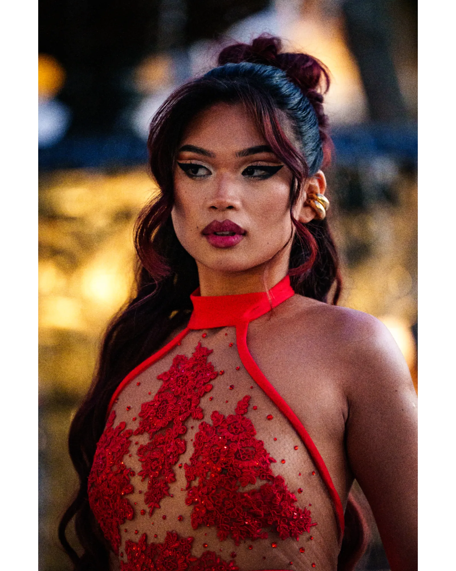 Red Radiance Halter Mini with Mesh Detailing & Rhinestones