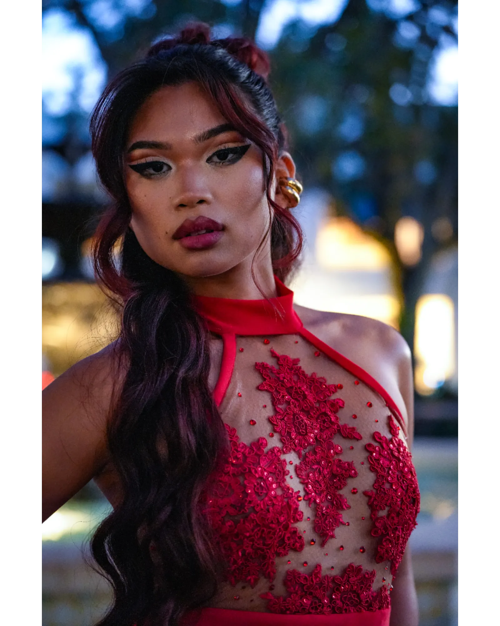 Red Radiance Halter Mini with Mesh Detailing & Rhinestones
