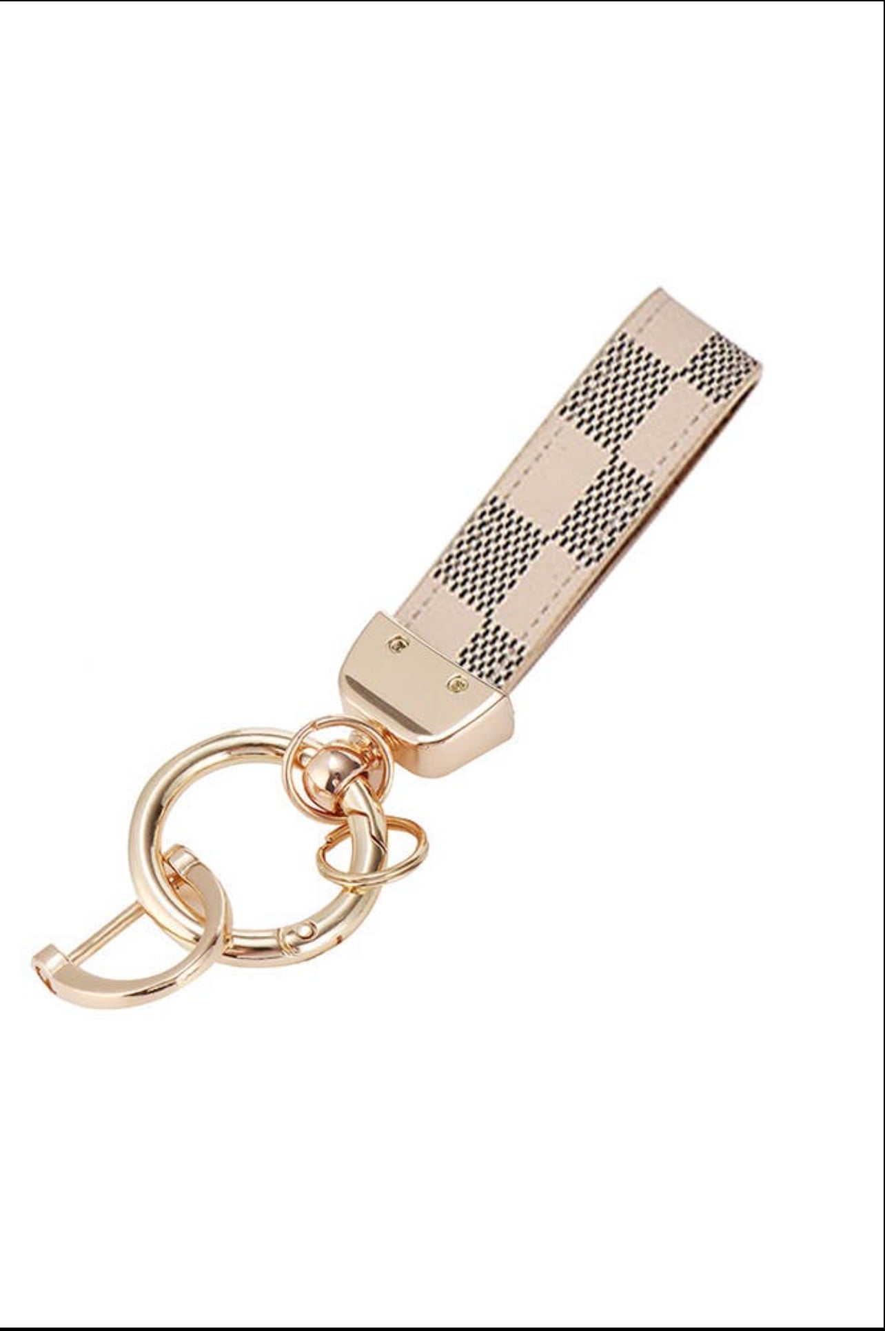 Luxury Checkered Keychain with Gold Hardware