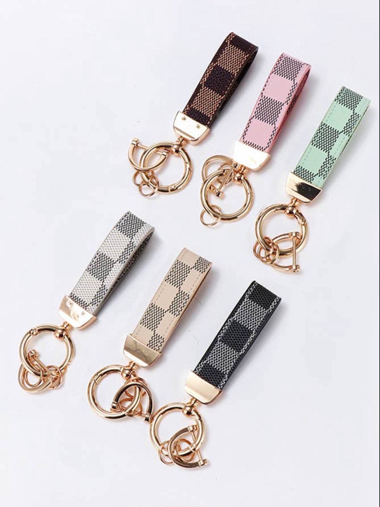 Luxury Checkered Keychain with Gold Hardware