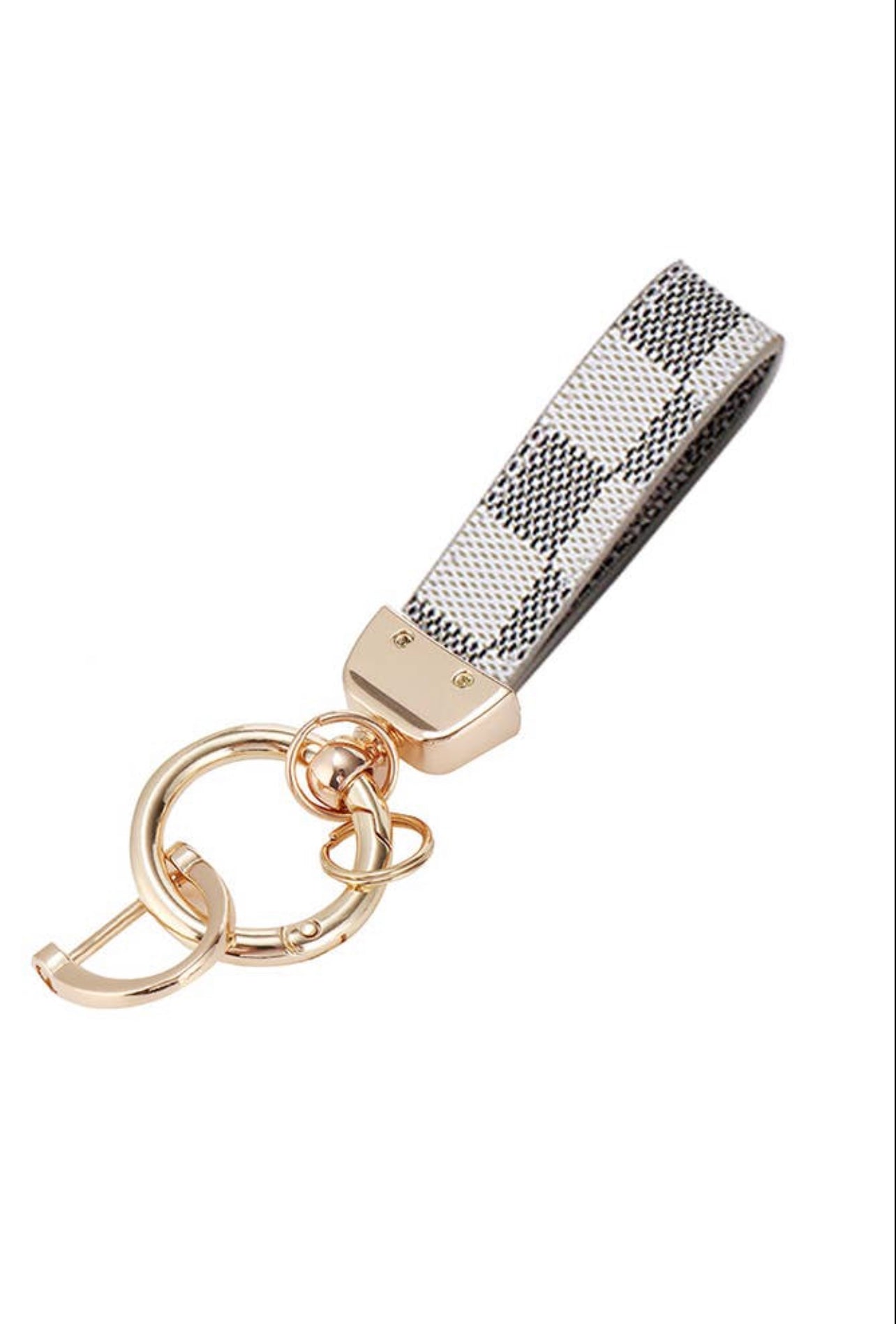 Luxury Checkered Keychain with Gold Hardware