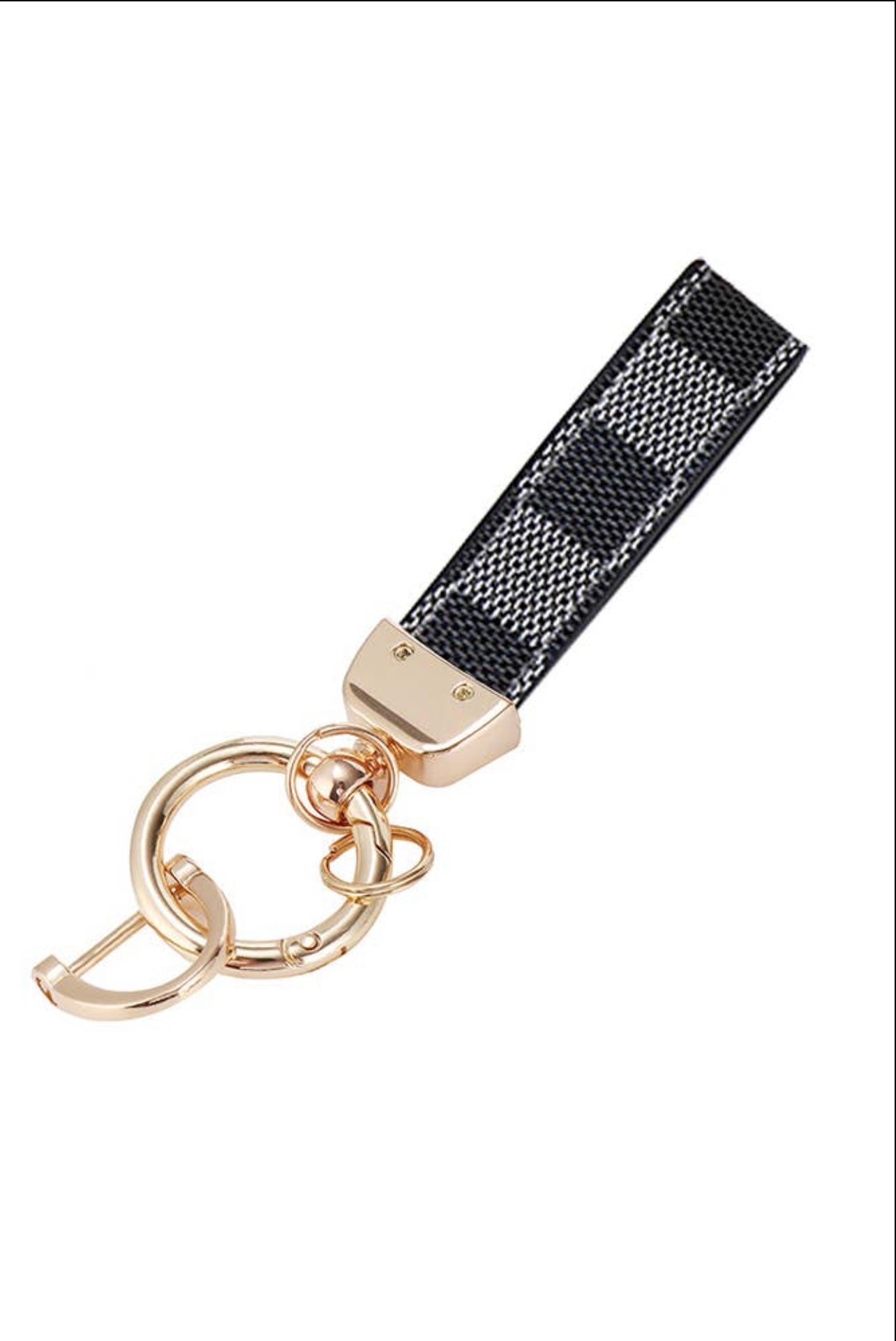 Luxury Checkered Keychain with Gold Hardware